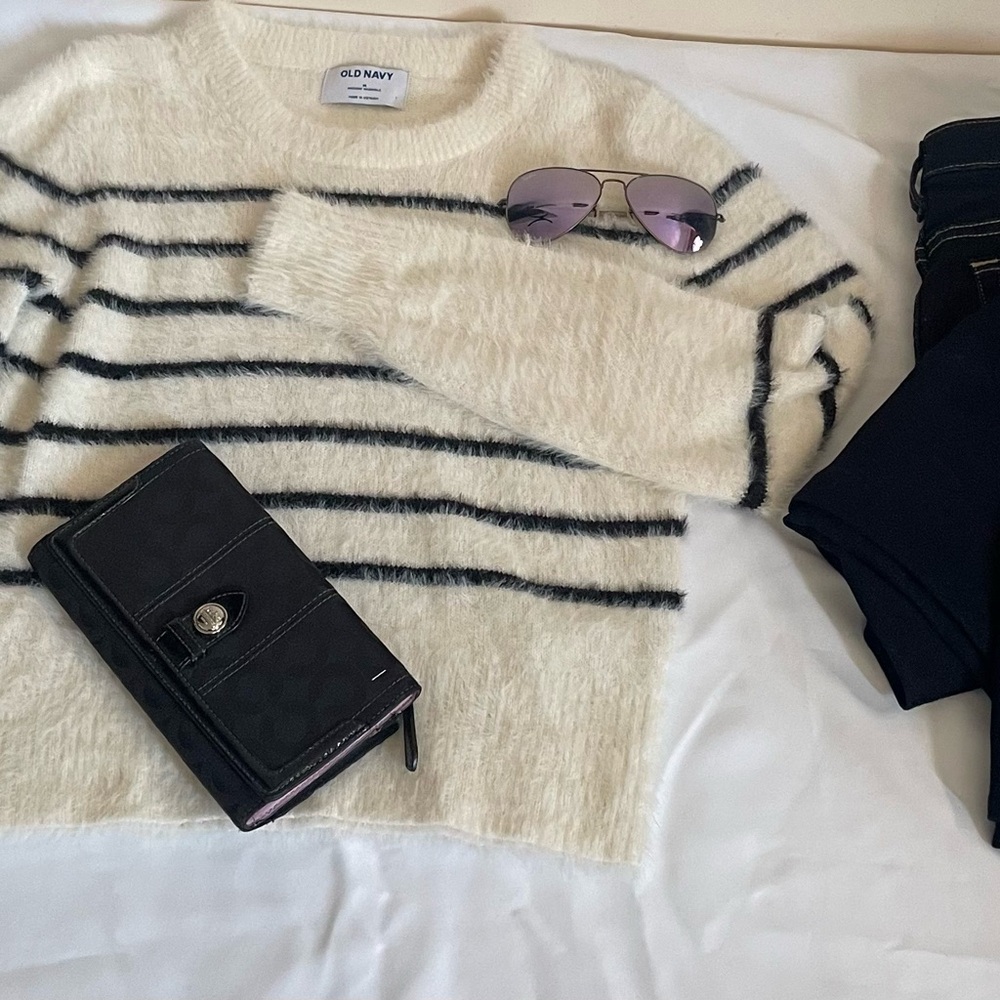 Old Navy Cream and Black Striped Crew Neck Sweater